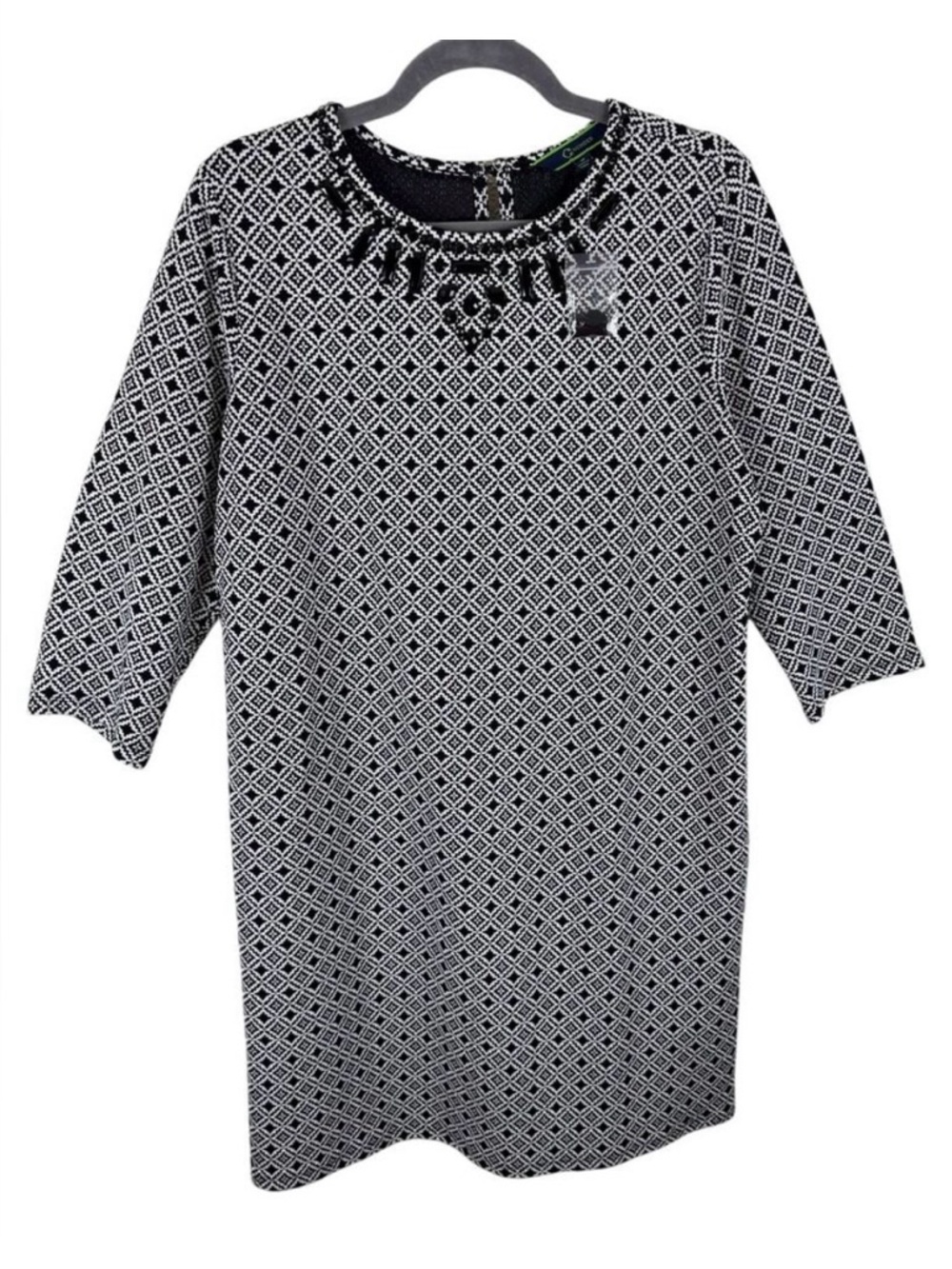 C Wonder NWOT Black White Textured Diamond Beaded 3/4 Sleeve Sheath Dress Size M